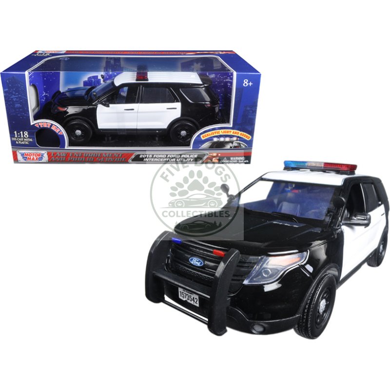2015 ford police interceptor utility black and white with flashing light bar and front and rear lights and 2 sounds 1/18 diecast model car by motormax