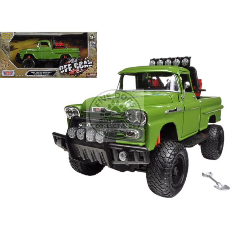 1958 chevrolet apache fleetside pickup truck off road green 1/24 diecast model by motormax