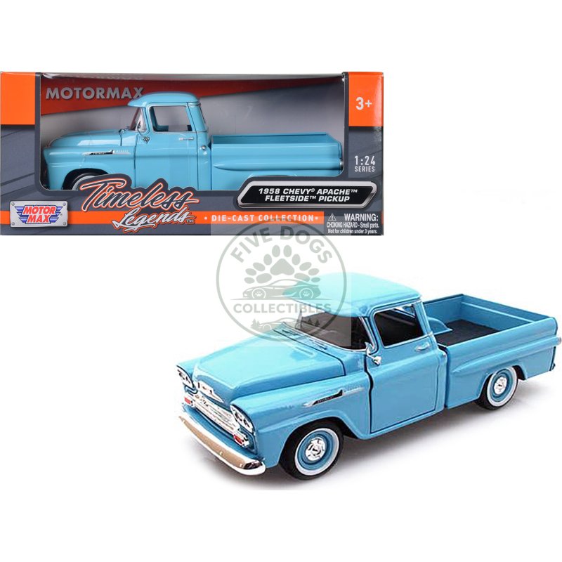 1958 chevrolet apache fleetside pickup truck light blue 1/24 diecast model car by motormax