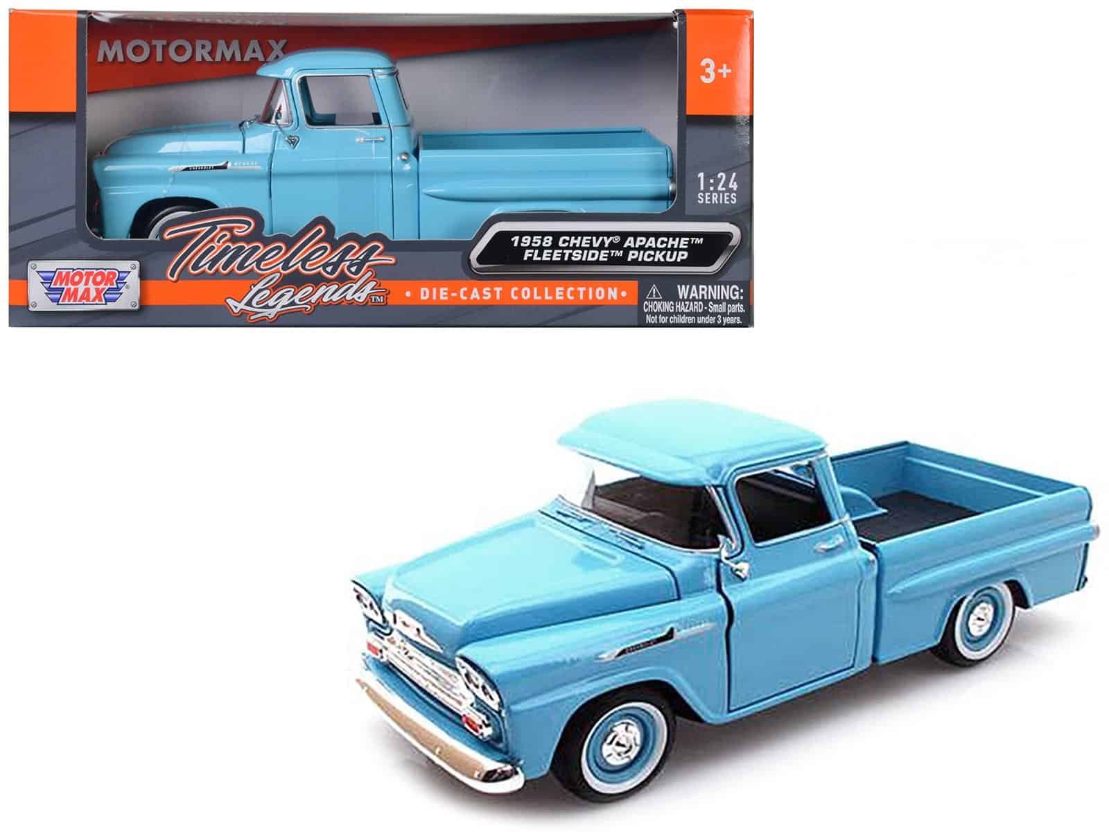 1958 chevrolet apache fleetside pickup truck light blue 1/24 diecast model car by motormax 1958 chevrolet apache fleetside pickup truck light blue 1/24 diecast model car by motormax