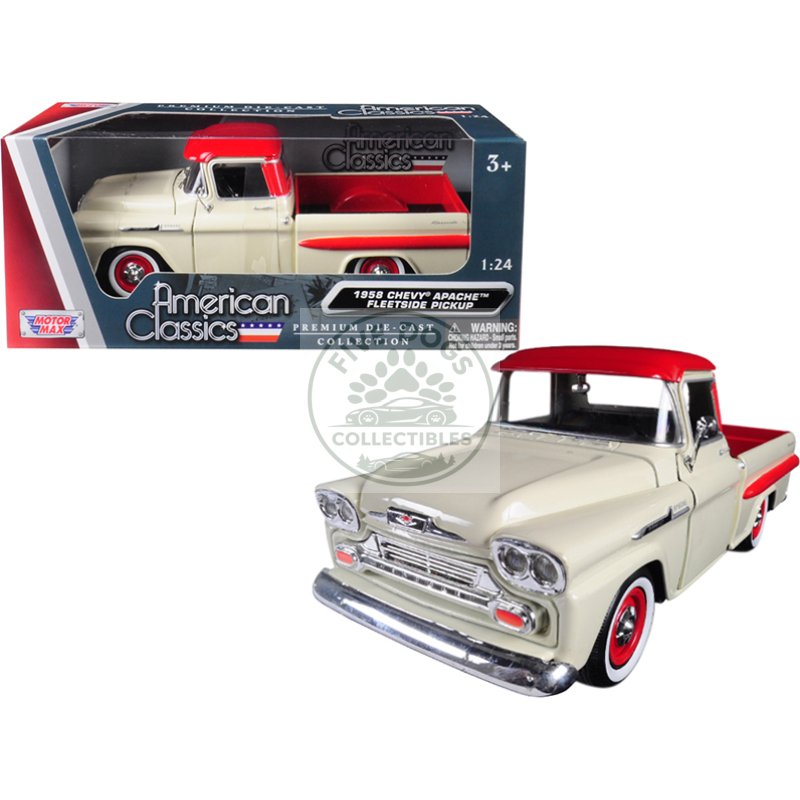 1958 chevrolet apache fleetside pickup truck cream with red top 1/24 diecast model car by motormax
