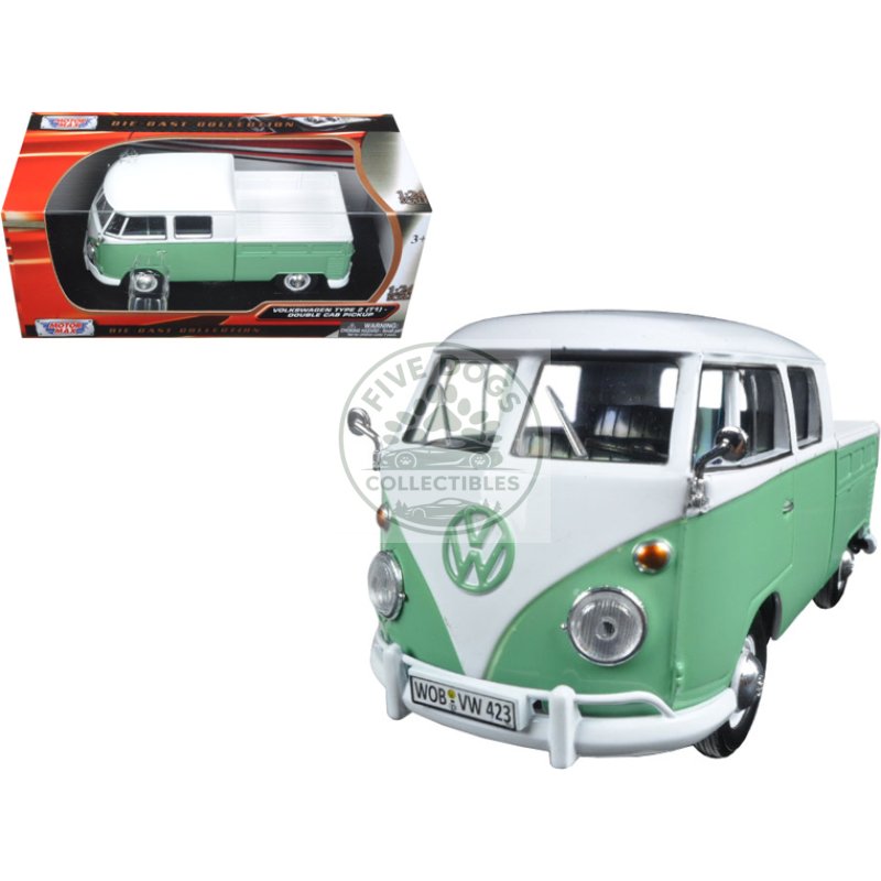 volkswagen type 2 (t1) double cab pickup truck white and green 1/24 diecast model car by motormax