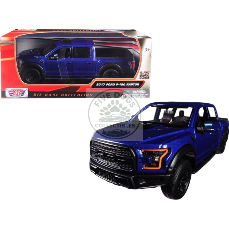 2017 ford f 150 raptor pickup truck blue with black wheels 1/27 diecast model car by motormax