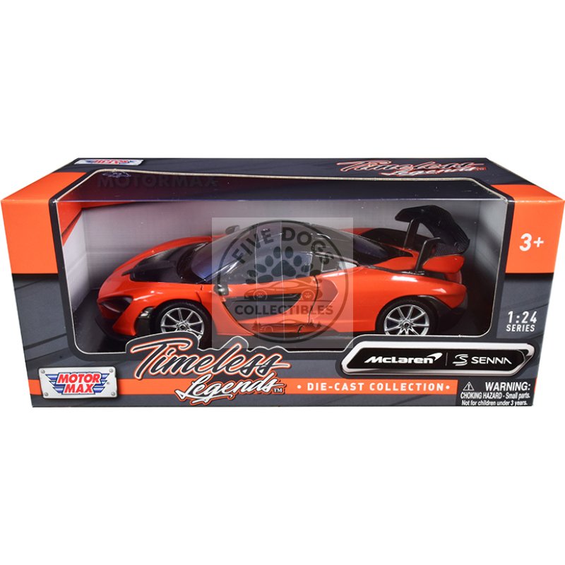 mclaren senna orange metallic and black "timeless legends" 1/24 diecast model car by motormax