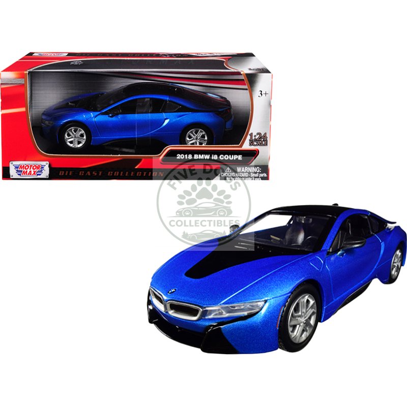 2018 bmw i8 coupe metallic blue with black top 1/24 diecast model car by motormax