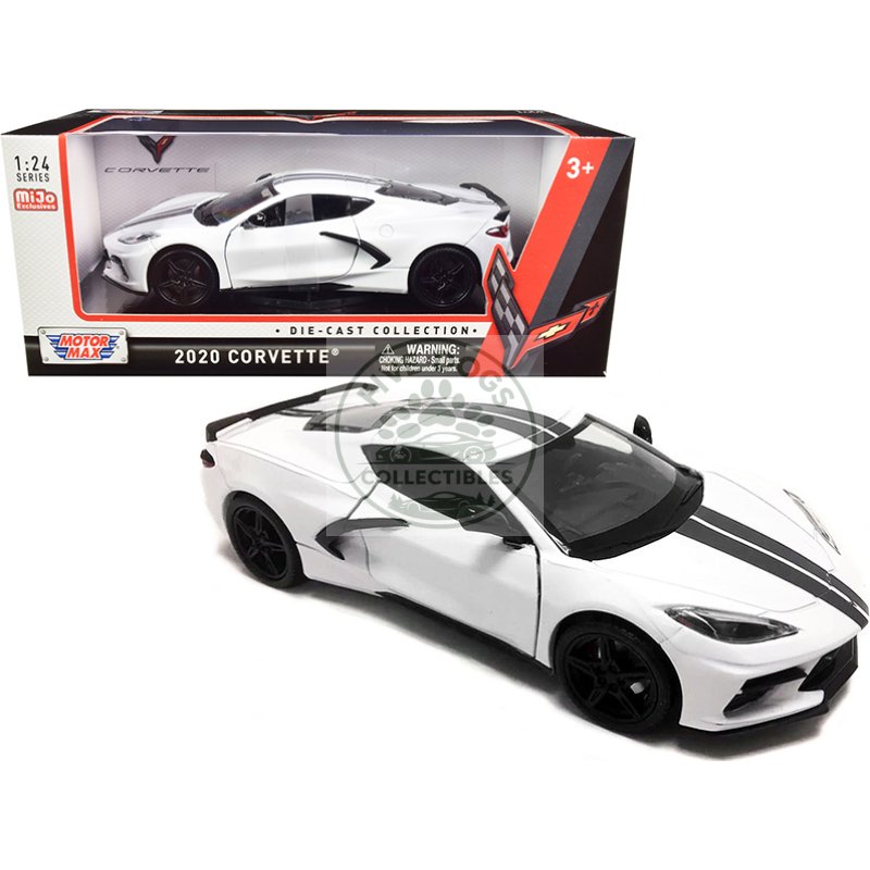 2020 chevrolet corvette c8 stingray white with gray stripes 1/24 diecast model car by motormax