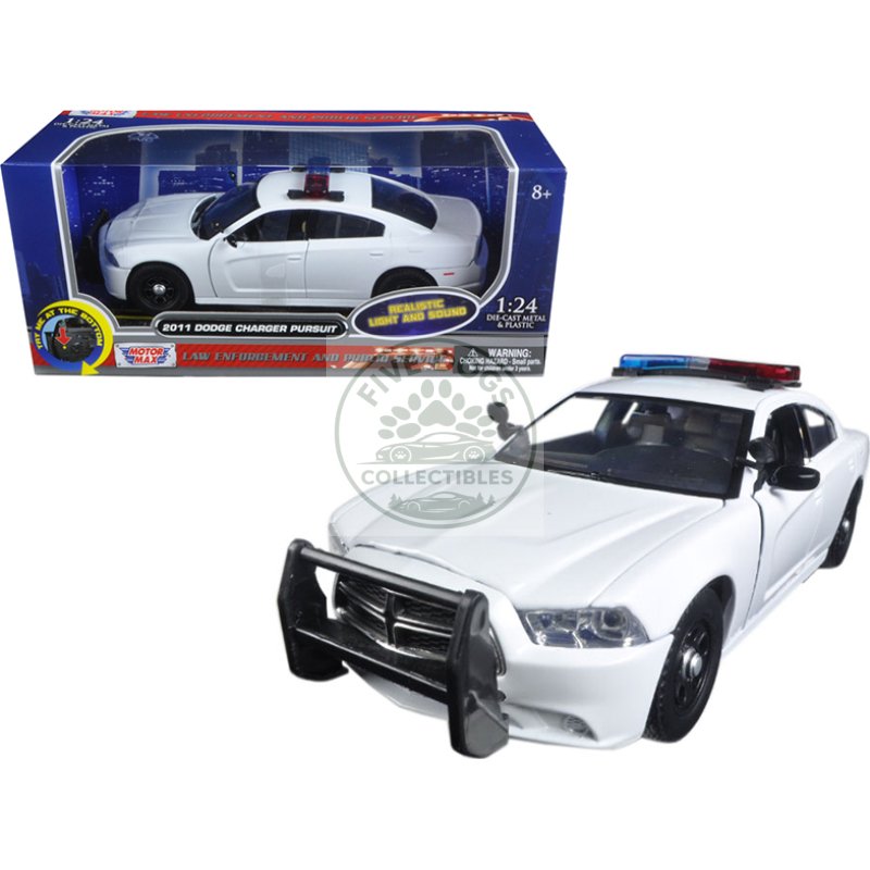 2011 dodge charger pursuit police car white with flashing light bar, front and rear lights and 2 sounds 1/24 diecast model car by motormax