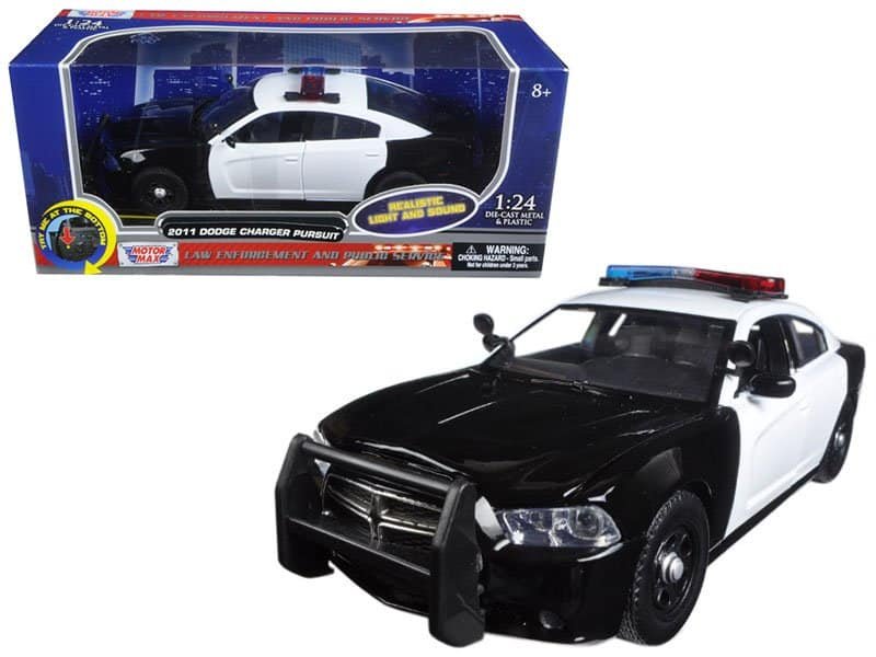 2011 dodge charger pursuit police car black and white with flashing light bar and front and rear lights and 2 sounds 1/24 diecast model car by motormax 2011 dodge charger pursuit police car black and white with flashing light bar and front and rear lights and 2 sounds 1/24 diecast model car by motormax
