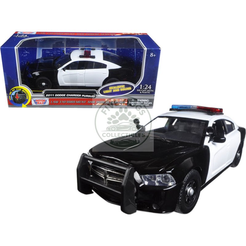 2011 dodge charger pursuit police car black and white with flashing light bar and front and rear lights and 2 sounds 1/24 diecast model car by motormax