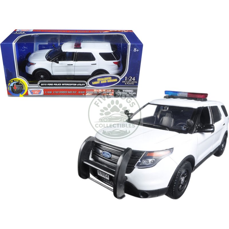 2015 ford police interceptor utility white with flashing light bar and front and rear lights and 2 sounds 1/24 diecast model car by motormax