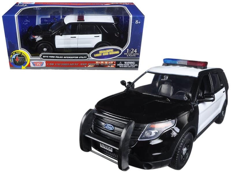 2015 ford police interceptor utility black and white with flashing light bar and front and rear lights and 2 sounds 1/24 diecast model car by motormax 2015 ford police interceptor utility black and white with flashing light bar and front and rear lights and 2 sounds 1/24 diecast model car by motormax
