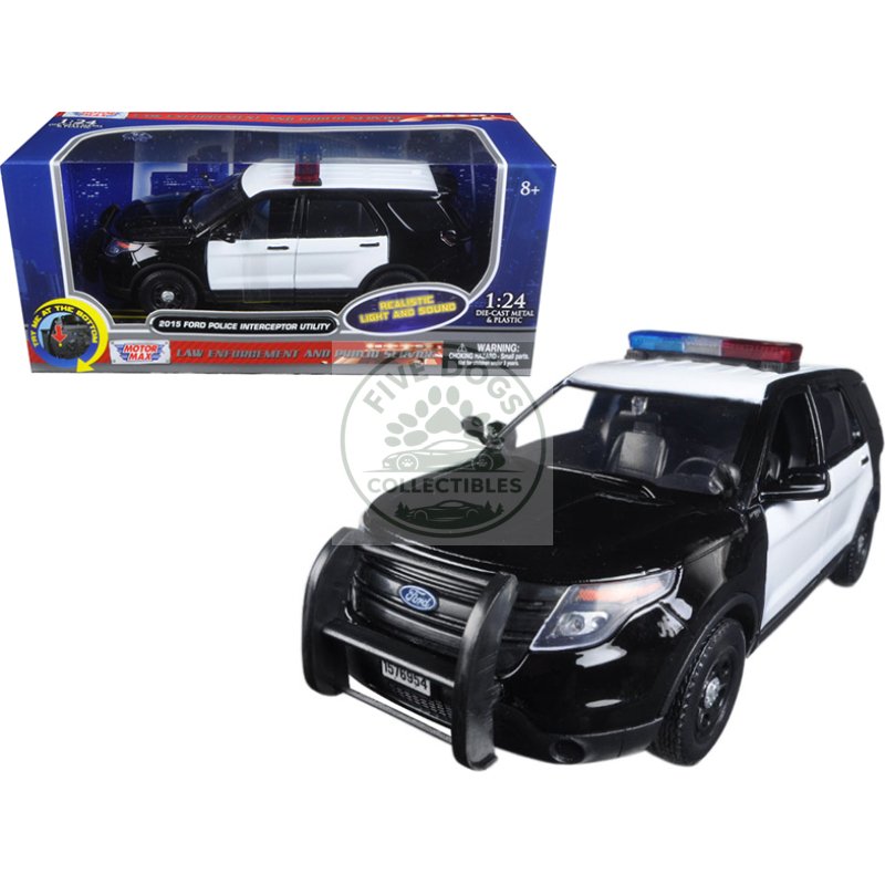 2015 ford police interceptor utility black and white with flashing light bar and front and rear lights and 2 sounds 1/24 diecast model car by motormax