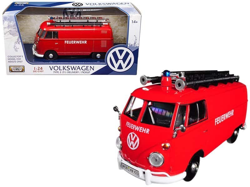volkswagen type 2 (t1) fire van "feuerwehr" red 1/24 diecast model car by motormax volkswagen type 2 (t1) fire van "feuerwehr" red 1/24 diecast model car by motormax