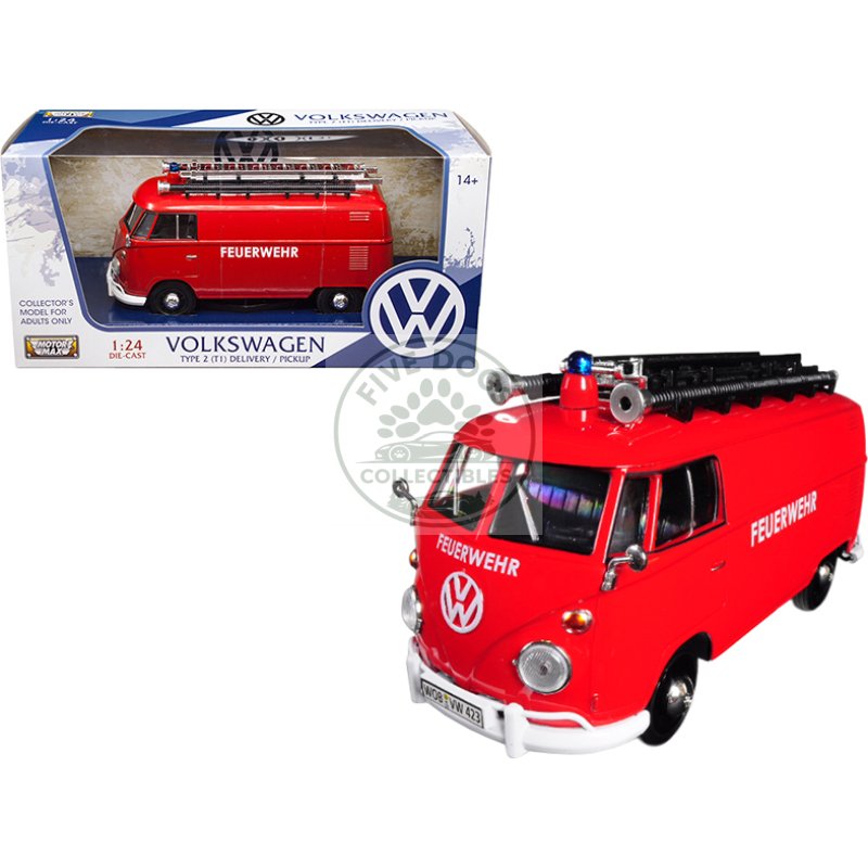 volkswagen type 2 (t1) fire van "feuerwehr" red 1/24 diecast model car by motormax