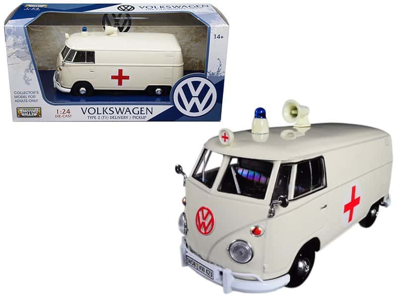volkswagen type 2 (t1) ambulance cream 1/24 diecast model by motormax volkswagen type 2 (t1) ambulance cream 1/24 diecast model by motormax
