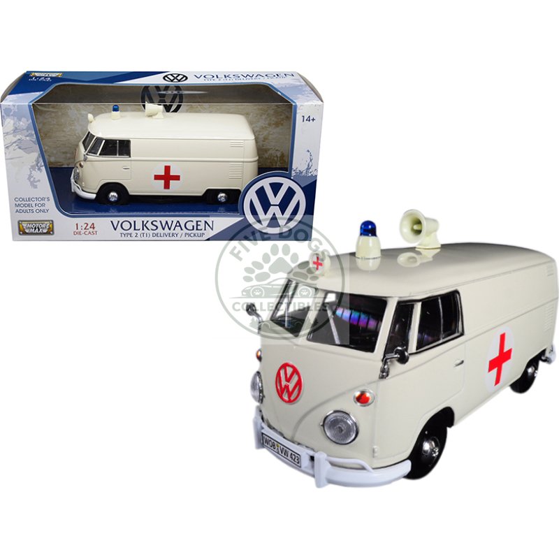 volkswagen type 2 (t1) ambulance cream 1/24 diecast model by motormax