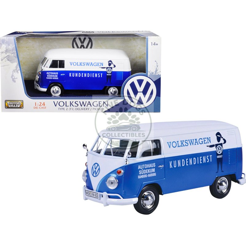 volkswagen type 2 (t1) delivery van autohaus sudekum "kundendienst" candy blue and white 1/24 diecast model car by motormax