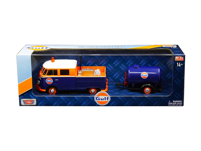 volkswagen service pickup truck with plastic oil tank "gulf oil" 1/24 diecast model car by motormax volkswagen service pickup truck with plastic oil tank "gulf oil" 1/24 diecast model car by motormax