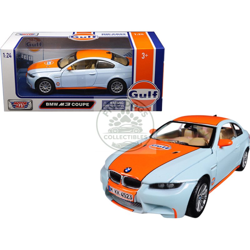 bmw m3 coupe with "gulf oil" livery light blue with orange stripe 1/24 diecast model car by motormax