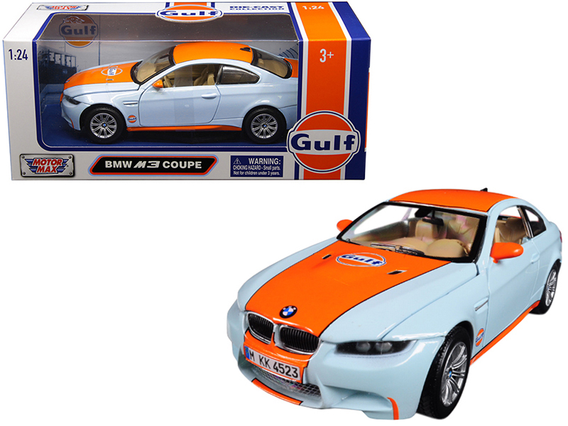 bmw m3 coupe with "gulf oil" livery light blue with orange stripe 1/24 diecast model car by motormax bmw m3 coupe with "gulf oil" livery light blue with orange stripe 1/24 diecast model car by motormax