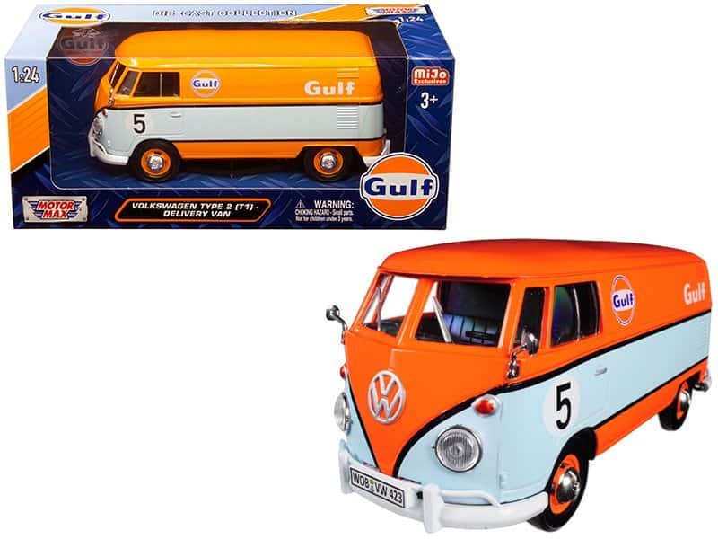 volkswagen type 2 (t1) delivery van #5 "gulf" orange and light blue 1/24 diecast model car by motormax volkswagen type 2 (t1) delivery van #5 "gulf" orange and light blue 1/24 diecast model car by motormax