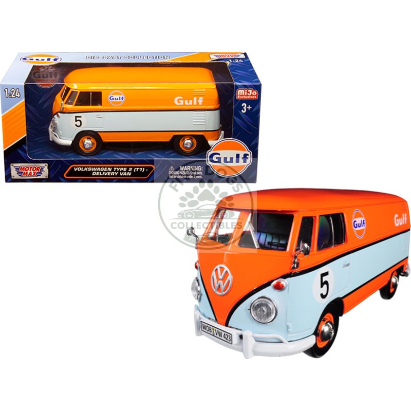 volkswagen type 2 (t1) delivery van #5 "gulf" orange and light blue 1/24 diecast model car by motormax