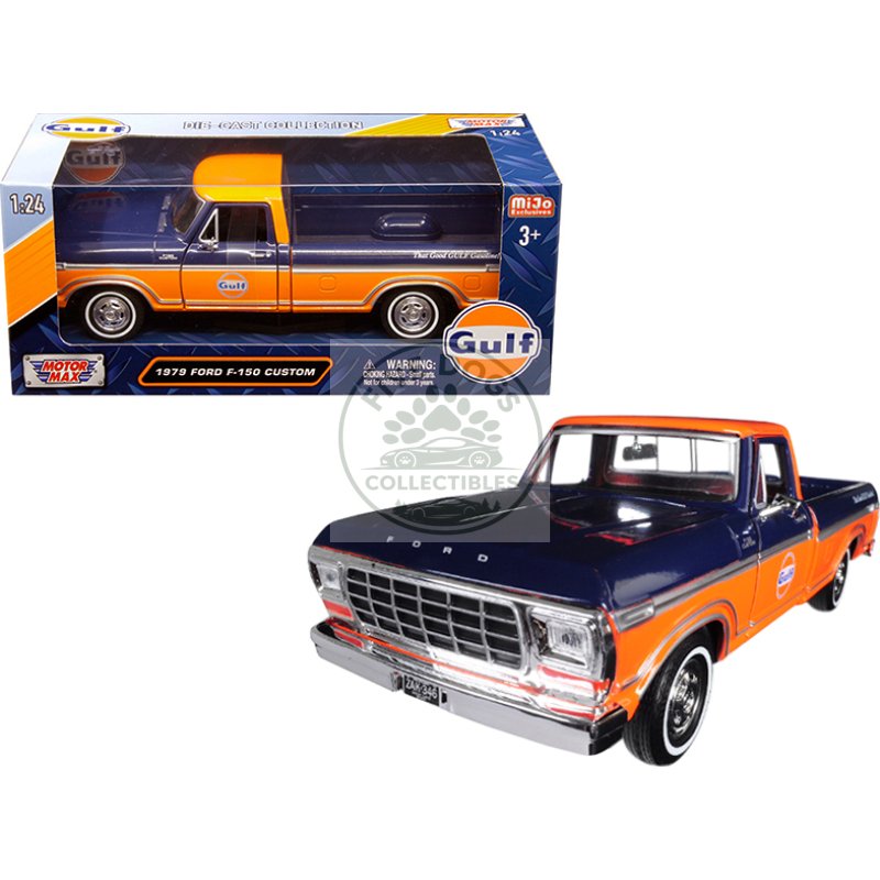 1979 ford f 150 custom pickup truck "gulf" dark blue and orange 1/24 diecast model car by motormax