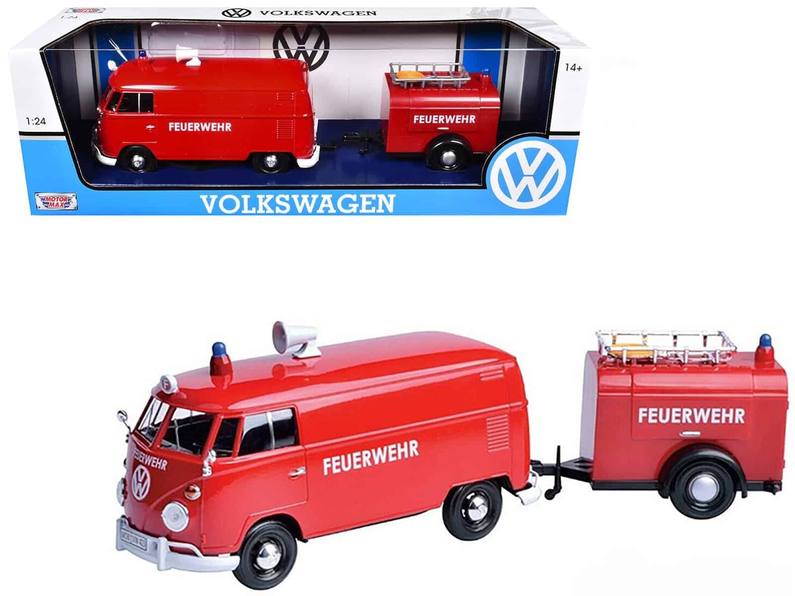 Volkswagen Fire Truck Collectible Set Red Volkswagen fire truck with trailer, detailed toy model for collectors.