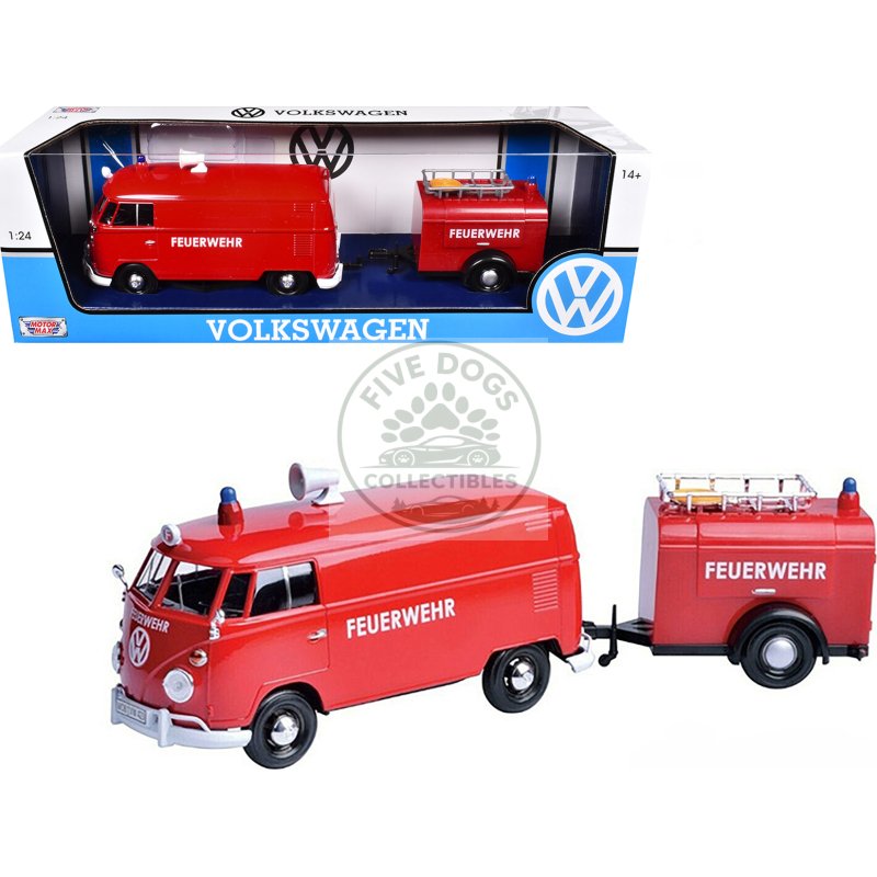volkswagen type 2 (t1) fire van with fire fighting trailer "feuerwehr" red 1/24 diecast model car by motormax