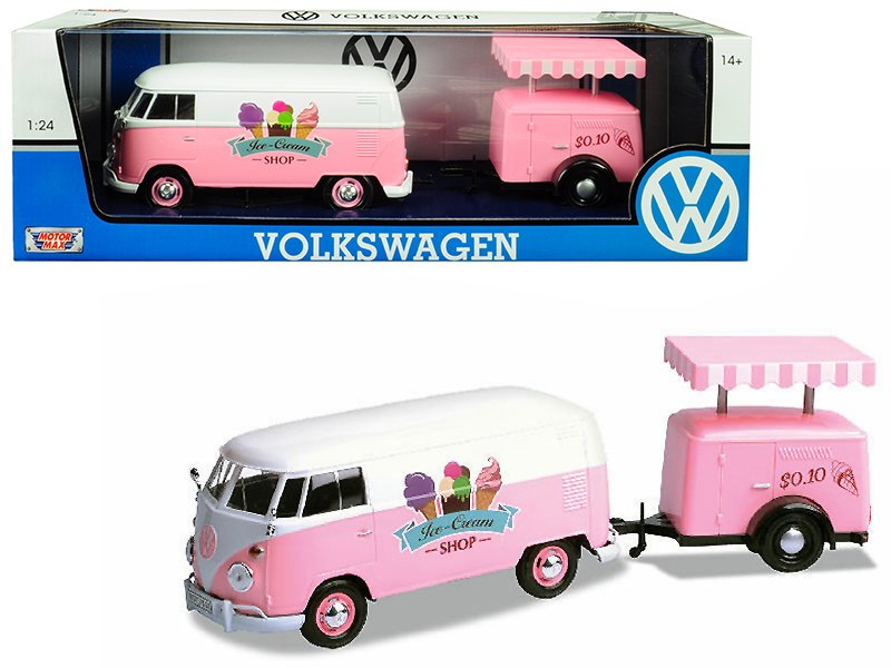 volkswagen t1 delivery van with ice cream trailer pink and white "ice cream shop" 1/24 diecast model car by motormax volkswagen t1 delivery van with ice cream trailer pink and white "ice cream shop" 1/24 diecast model car by motormax