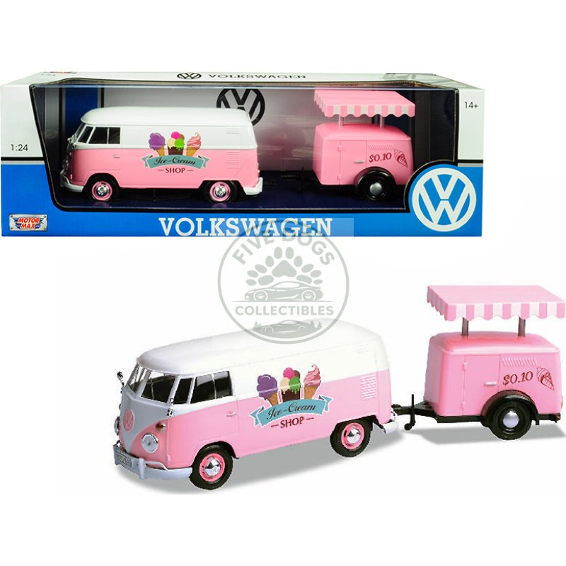 volkswagen t1 delivery van with ice cream trailer pink and white "ice cream shop" 1/24 diecast model car by motormax