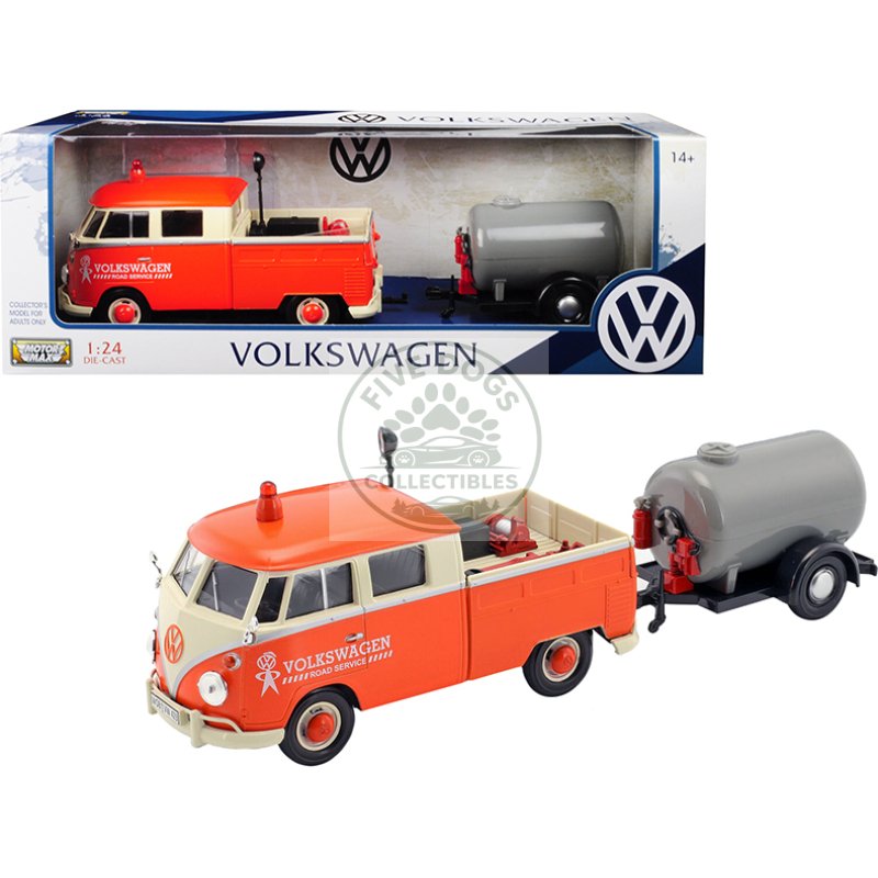 volkswagen type 2 (t1) pickup truck orange and cream with oil trailer "road service" 1/24 diecast model car by motormax