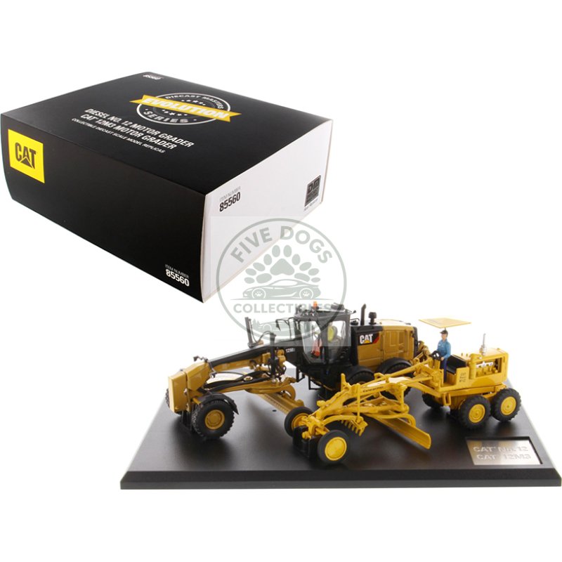 cat caterpillar no. 12 motor grader (circa 1939 1959) and cat caterpillar 12m3 motor grader (current) with operators "evolution series" set of 2 pieces 1/50 diecast models by diecast masters