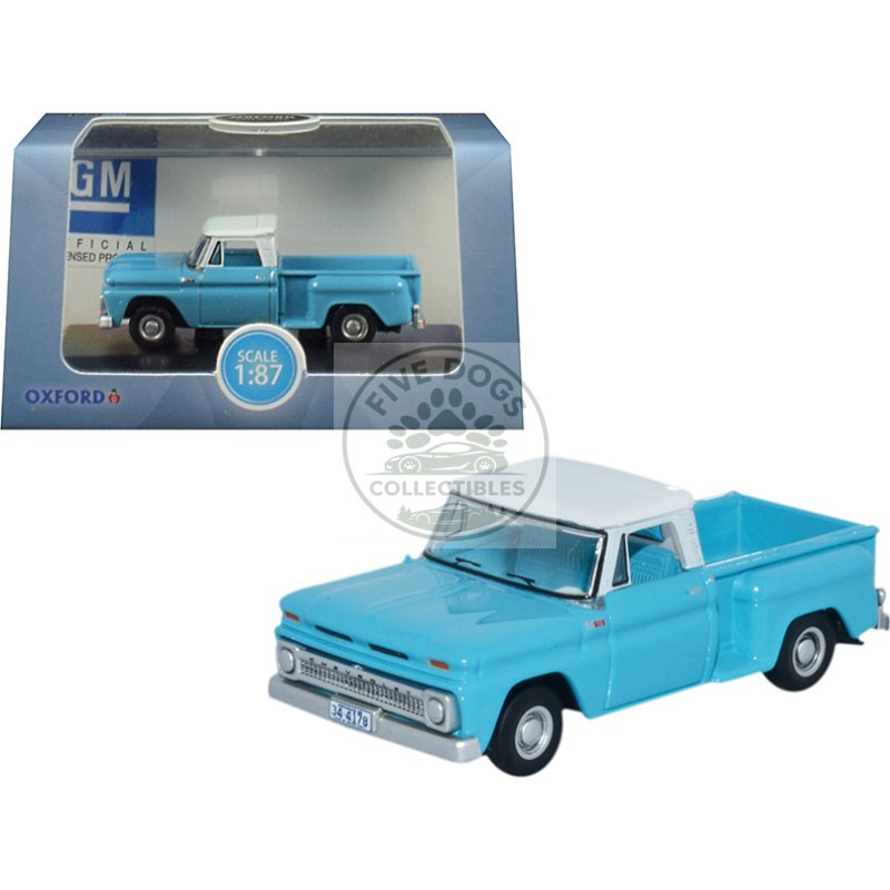1965 chevrolet c10 stepside pickup truck light blue with white top 1/87 (ho) scale diecast model car by oxford diecast