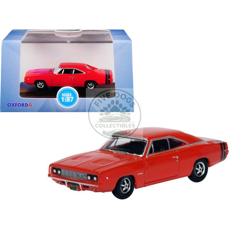1968 dodge charger bright red with black stripes 1/87 (ho) scale diecast model car by oxford diecast