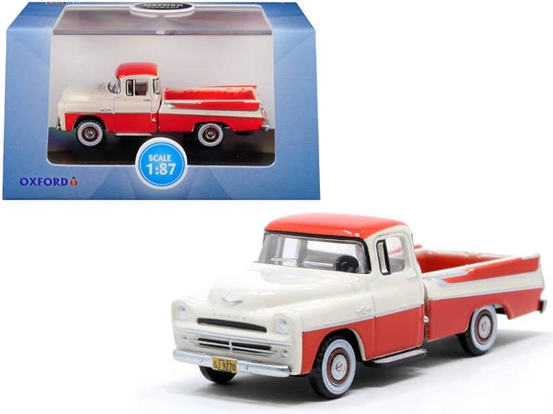 1957 dodge d100 sweptside pickup truck tropical coral and glacier white 1/87 (ho) scale diecast model car by oxford diecast 1957 dodge d100 sweptside pickup truck tropical coral and glacier white 1/87 (ho) scale diecast model car by oxford diecast