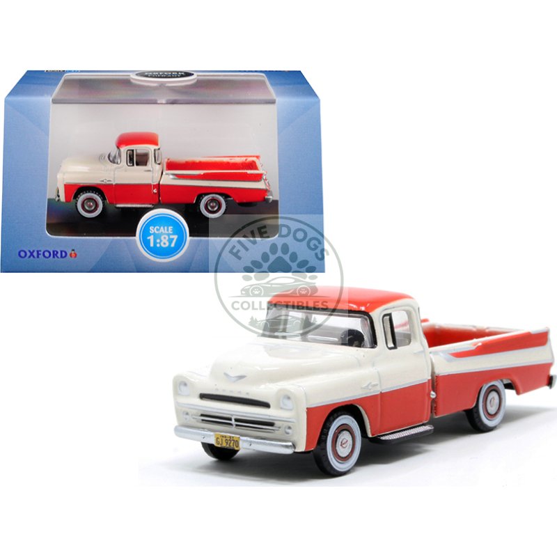 1957 dodge d100 sweptside pickup truck tropical coral and glacier white 1/87 (ho) scale diecast model car by oxford diecast