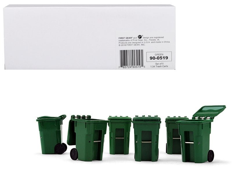 set of 6 green garbage trash bin containers replica 1/34 models by first gear set of 6 green garbage trash bin containers replica 1/34 models by first gear