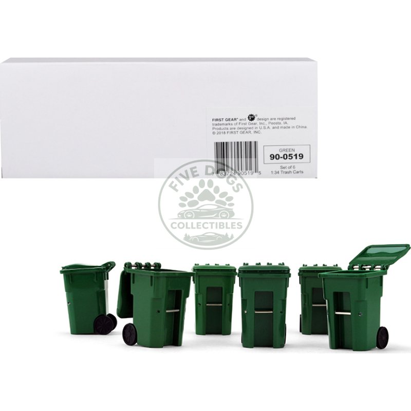 set of 6 green garbage trash bin containers replica 1/34 models by first gear