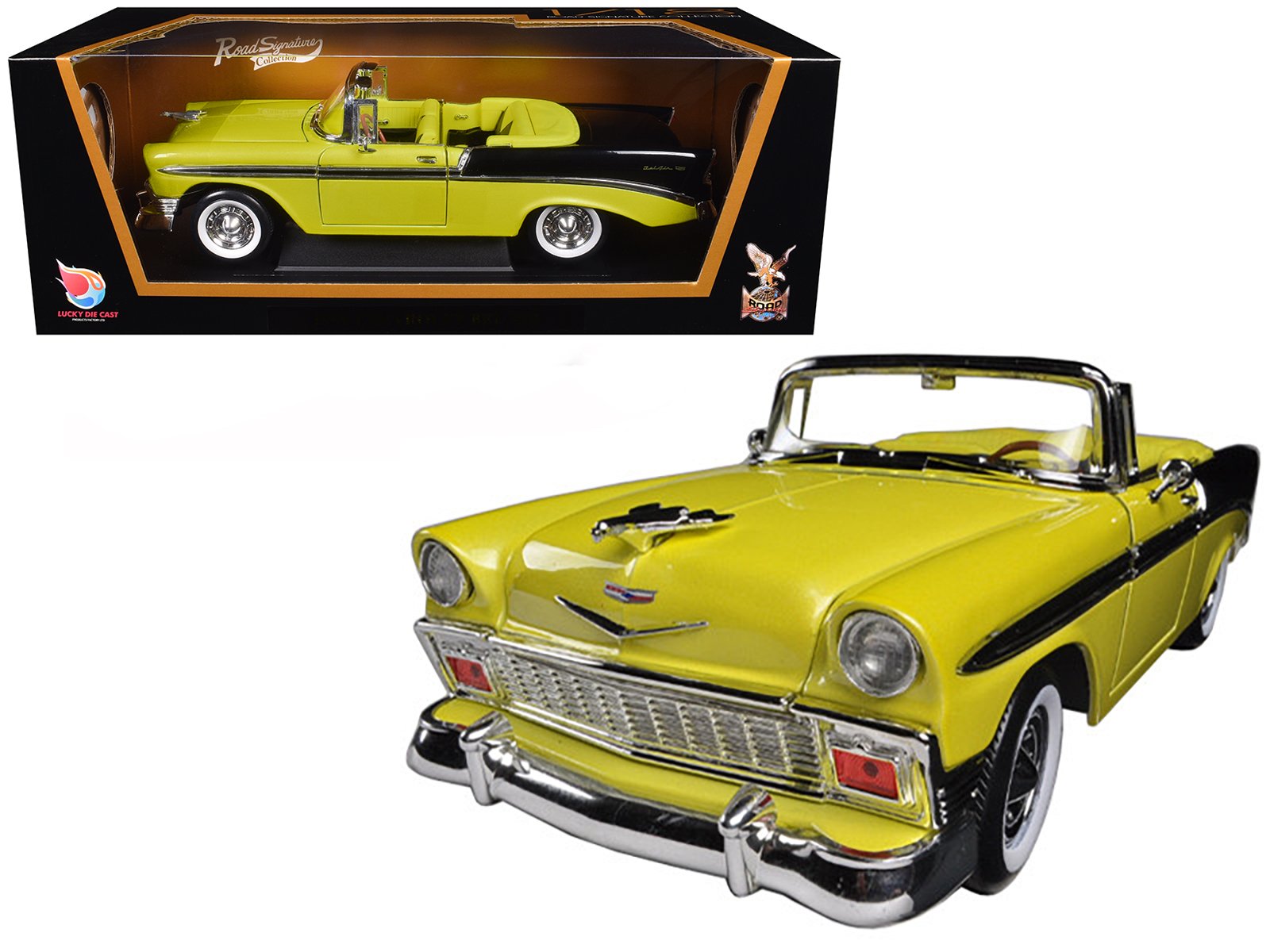 1956 chevrolet bel air convertible yellow/black 1/18 diecast car model by road signature 1956 chevrolet bel air convertible yellow/black 1/18 diecast car model by road signature