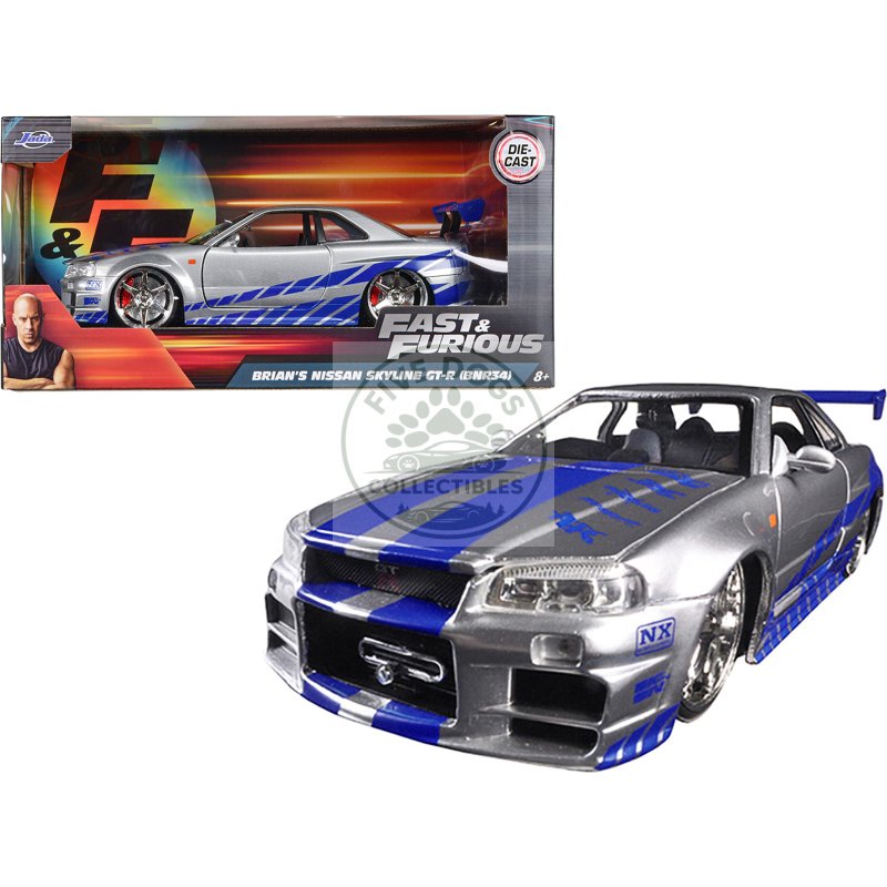 brian's nissan gtr skyline r34 rhd (right hand drive) silver with blue stripes "fast & furious" movie 1/24 diecast model car by jada