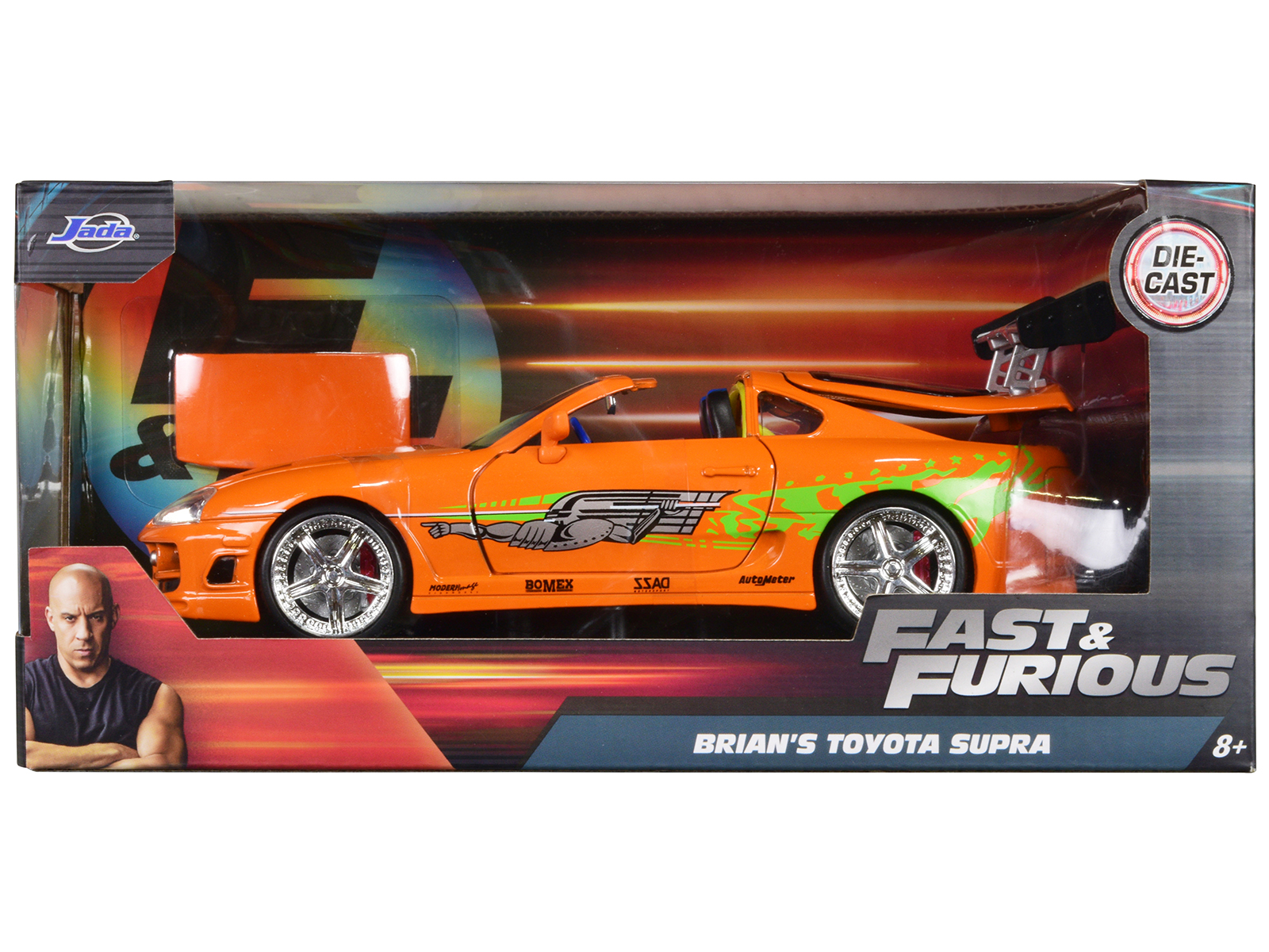 brian's toyota supra orange with graphics "fast & furious" movie 1/24 diecast model car by jada brian's toyota supra orange with graphics "fast & furious" movie 1/24 diecast model car by jada