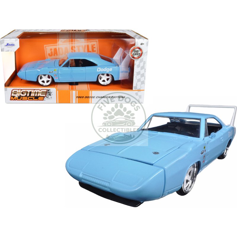 1969 dodge charger daytona light blue with white "bigtime muscle" series 1/24 diecast model car by jada