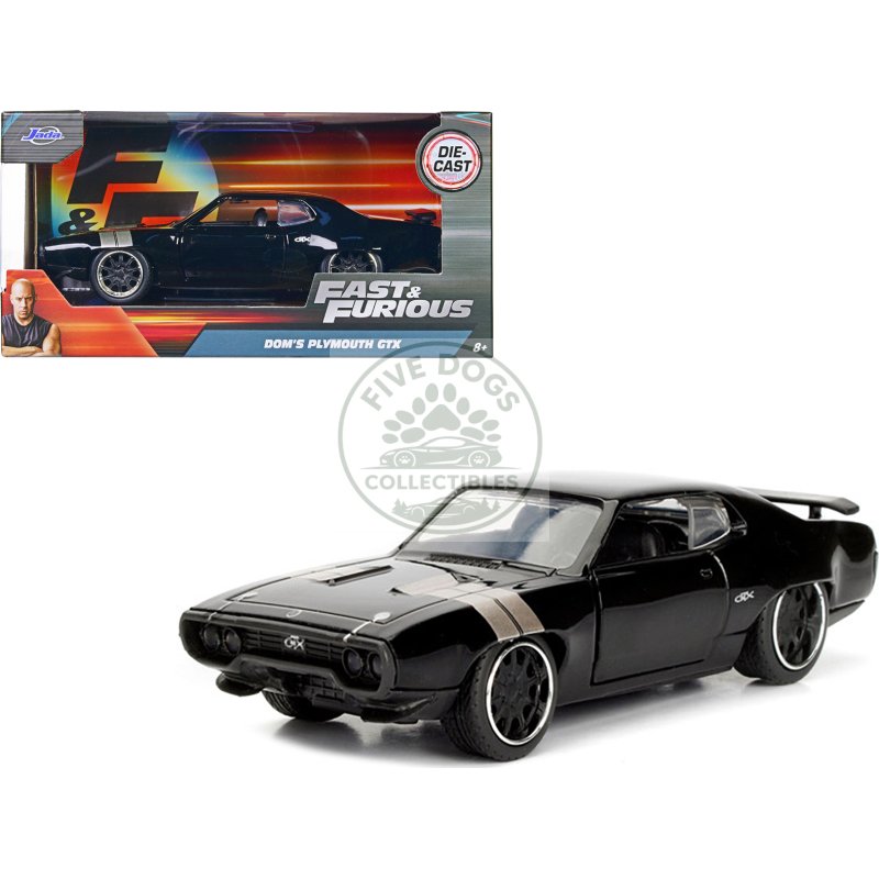 dom's plymouth gtx black with silver stripes fast & furious f8 "the fate of the furious" movie 1/32 diecast model car by jada