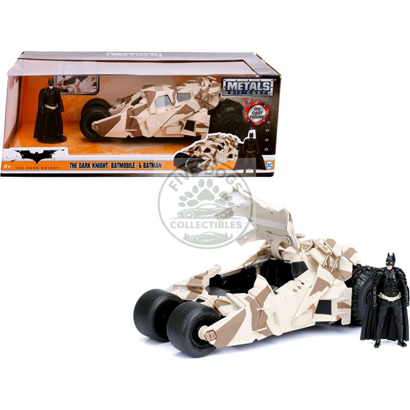 "the dark knight" batmobile with batman diecast figure camouflage version "dc comics" series 1/24 diecast model car by jada