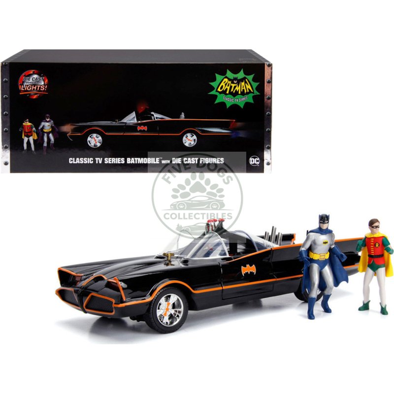 classic tv series batmobile with working lights, and diecast batman and robin figures "80 years of batman" 1/18 diecast model car by jada