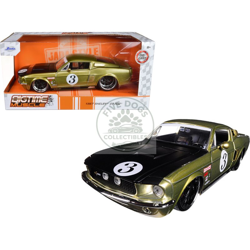 1967 ford shelby gt 500 #3 gold with matt black hood "big time muscle" 1/24 diecast model car by jada