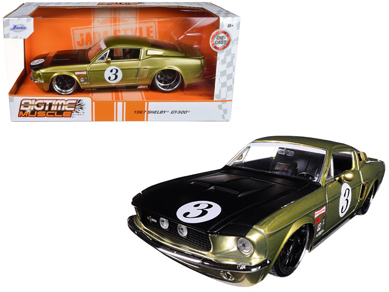 1967 ford shelby gt 500 #3 gold with matt black hood "big time muscle" 1/24 diecast model car by jada 1967 ford shelby gt 500 #3 gold with matt black hood "big time muscle" 1/24 diecast model car by jada