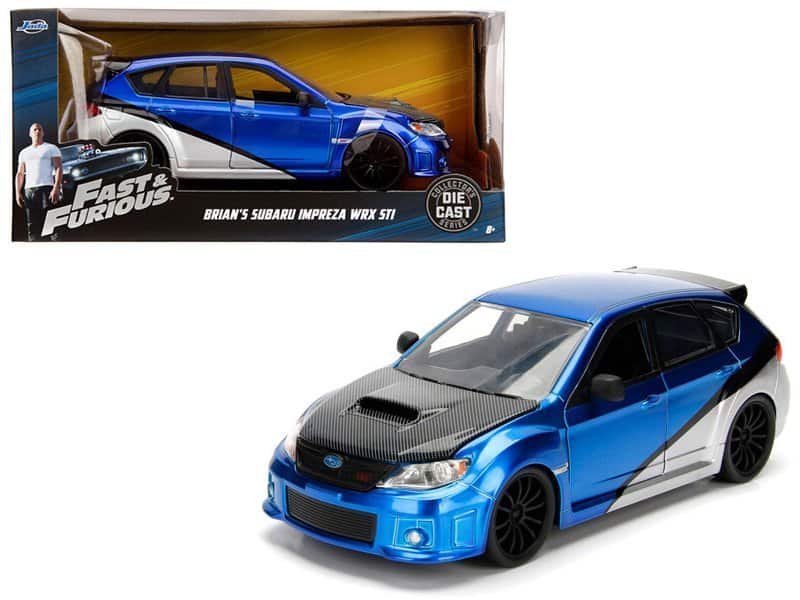 brian's subaru impreza wrx sti blue and silver with carbon hood "fast & furious" movie 1/24 diecast model car by jada brian's subaru impreza wrx sti blue and silver with carbon hood "fast & furious" movie 1/24 diecast model car by jada