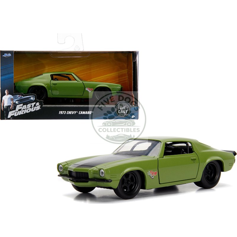 dom's 1973 chevrolet camaro "f bomb" matt green with black hood stripe "fast & furious" movie 1/32 diecast model car by jada
